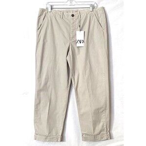 Zara Chino Pants Womens Size US 10 Beige Cuffed Cropped Button Fly Pockets NWT